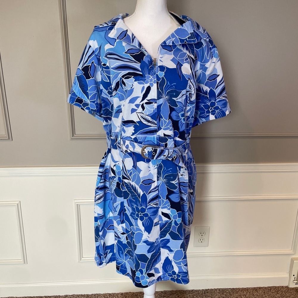 Skies are Blue NWT 3X Denim Floral Dress Collared Zip Up Belted Casual Fun